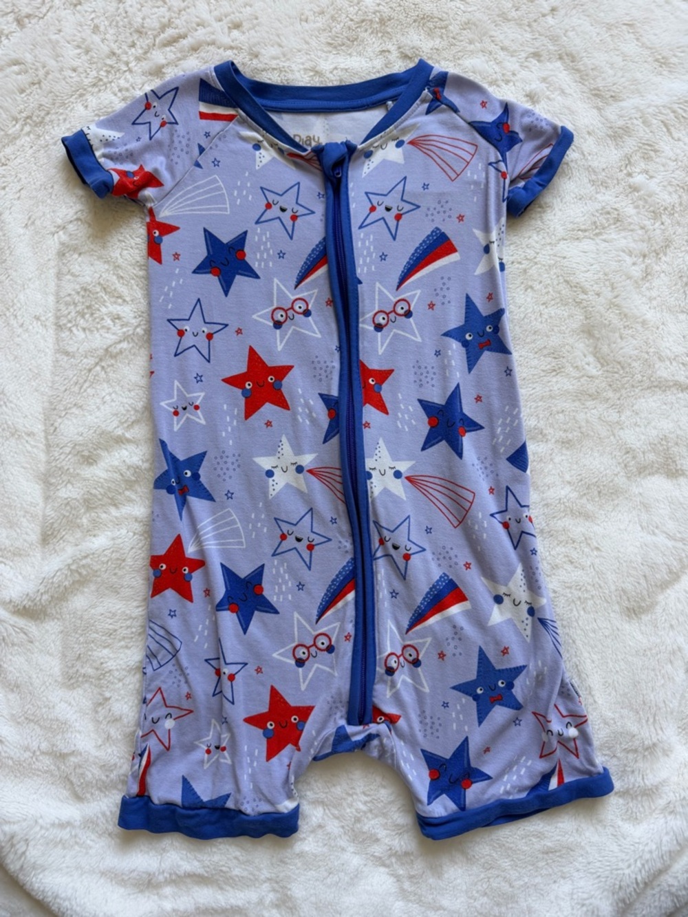 Little Sleepies Light Blue Stars and Stripes Shorty Zippy Romper. Size 3T.